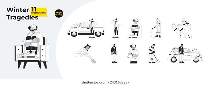 Freezing cold weather black and white cartoon flat illustration bundle. Winter outerwear diverse women, men 2D lineart characters isolated. Wintertime monochrome vector outline image collection