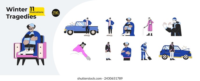 Freezing cold weather line cartoon flat illustration bundle. Winter outerwear diverse women, men 2D lineart characters isolated on white background. Wintertime dangers vector color image collection