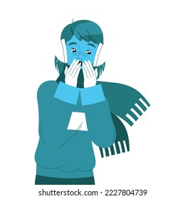 Freezing from Cold Woman Character in Scarf Breathing on Hands Warming Them Vector Illustration