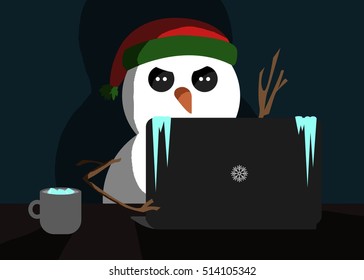 Freezing computer screen making the snowman with a hat angry and frustrated 