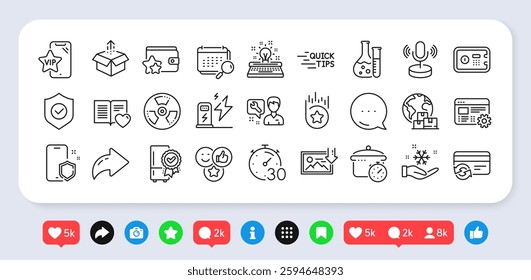 Freezing, Download photo and Safe box line icons pack. Social media: share, comment, like icons. Send box, Typewriter, Charging station web icon. Chemical hazard, Timer, Calendar pictogram. Vector