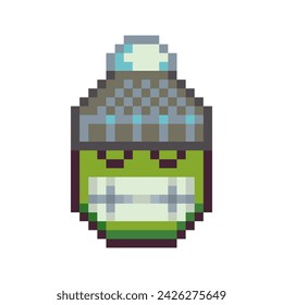 Freezing facial expression, smiling face in winter hat pixel art icon. Cartoon character. Flat style. 8-bit style. Isolated abstract vector illustration.