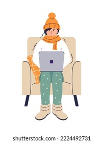 Freezing female character. Girl in hat and scarf is working on laptop. Cold temperature at home. Frozen woman is shivering from cold. Sick person.
Flat vector illustration isolated on white background