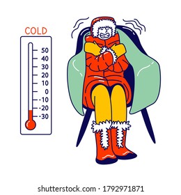 Freezing Female Character Wrapped in Warm Winter Clothes, Hat and Boots Sitting in Armchair with Thermometer Show Low Minus Degrees Temperature. Cold Weather, Freeze. Linear Vector Illustration