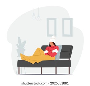 Freezing Female Character Wrapped in Warm Plaid, Winter Clothes, Hat and Mittens Sitting on Sofa Suffering of Low Minus Degrees Temperature. Cold Weather, Freeze at Home. Cartoon Vector Illustration