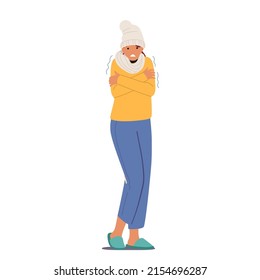 Freezing Female Character Wrapped in Warm Winter Clothes, Hat, Scarf and Home Slippers Shivering due to Low Minus Degrees Temperature in House. Cold Weather, Freeze. Cartoon Vector Illustration