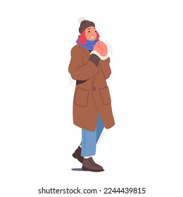 Freezing Female Character Wrapped in Warm Winter Clothes, Hat, Scarf, Mittens and Boots Shivering due to Low Minus Degrees Temperature on Street. Cold Weather, Freeze. Cartoon Vector Illustration