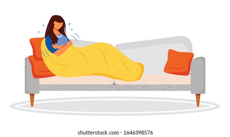 Freezing flat color vector faceless character. Woman with cold on sofa. Sick female suffering fever. Ill person at home. Adult with flu on couch.Symptom of disease isolated cartoon illustration