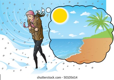 Freezing girl dreaming of a warm vacation.