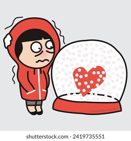 Freezing Girl Looking At Her Frozen Heart In Glass Snow Globe, With Falling Snow. Sad Valentine's Day Concept Card Character illustration