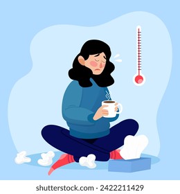 The freezing Girl sits sad on the floor and drinks a drink. Flat, cartoon, vector illustration. 