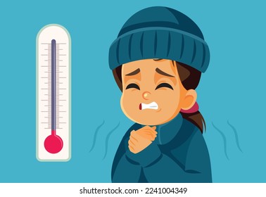 
Freezing Girl Suffering in Cold Weather Vector Cartoon Illustration. Child complaining about winter season trembling and shivering 
