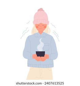 Freezing girl with warm drink. Feeling winter cold, lady shivering cartoon vector illustration