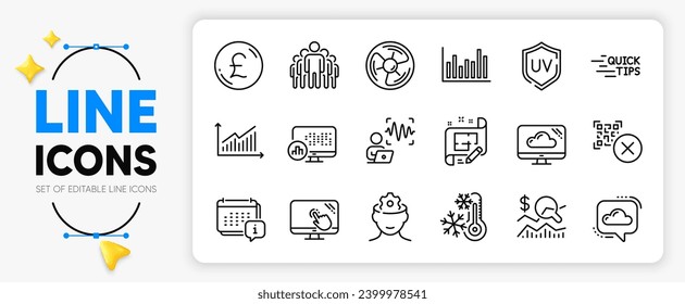 Freezing, Graph and Air fan line icons set for app include Touch screen, Uv protection, Architect plan outline thin icon. Voice wave, Brain working, Education pictogram icon. Vector