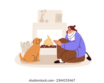 Congelando en casa. Mujer congelada calentándose en el fuego, chimenea acogedora. Persona y mascota de perro, lindo cachorro al lado del fuego en el apartamento en el frío invierno. Ilustración vectorial plana aislada en fondo blanco