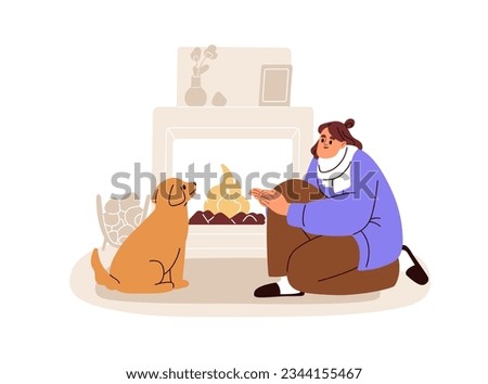 Freezing at home. Frozen woman warming at fire, cozy fireplace. Person and dog pet, cute puppy at fireside in apartment in cold winter weather. Flat vector illustration isolated on white background