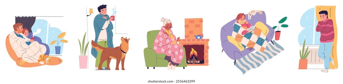 Freezing home people. Family shivering from cold in house, sick woman in warm clothes and man covered blanket or furnace plaid warming fireplace, classy winter vector illustration original artwork