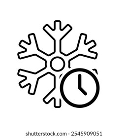 freezing icon, cooling time, snowflake with clock, thin line symbol on white background. line design style. vector design template