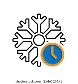 freezing icon, cooling time, snowflake with clock, thin line symbol on white background. mixed design style. vector design template