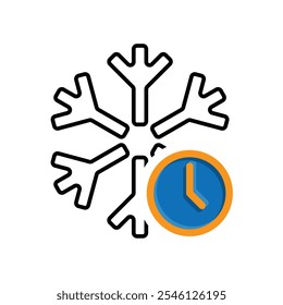 freezing icon, cooling time, snowflake with clock, thin line symbol on white background. mixed design style. vector design template