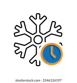 freezing icon, cooling time, snowflake with clock, thin line symbol on white background. mixed design style. vector design template