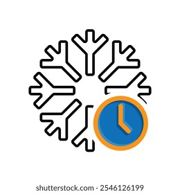 freezing icon, cooling time, snowflake with clock, thin line symbol on white background. mixed design style. vector design template