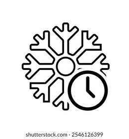 freezing icon, cooling time, snowflake with clock, thin line symbol on white background. line design style. vector design template