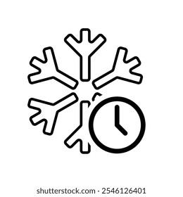 freezing icon, cooling time, snowflake with clock, thin line symbol on white background. line design style. vector design template