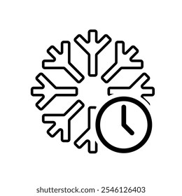 freezing icon, cooling time, snowflake with clock, thin line symbol on white background. line design style. vector design template