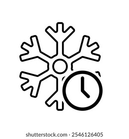 freezing icon, cooling time, snowflake with clock, thin line symbol on white background. line design style. vector design template