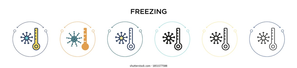 Das Freezing Icon in vollem, dünnen Linie, Umriss- und Strichstil. Vektorgrafik von zwei farbigen und schwarz gefrierenden Vektorgrafiken-Designs kann für mobile, iPhone-, web-basierte