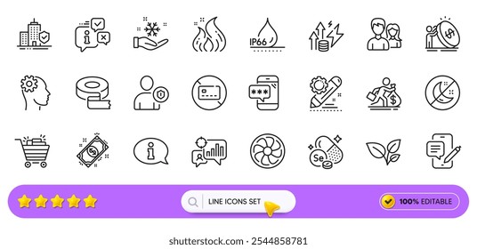 Einfrieren, Informationen und Telefon-Passwort-Zeile Symbole für Web-App. Piktogramm-Icons für Schlaflosigkeit, Info, Projekt bearbeiten. Inflation, wasserdicht, Ventilatormotorschilder. Seo-Statistik, Blätter. Vektorgrafik