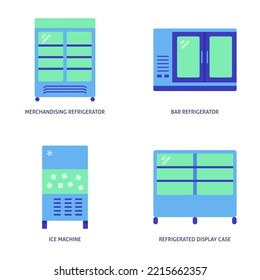 Freezing Kitchen Equipment Icon Set In Flat Style. Refrigerator, Ice Machine, Display Case Symbols. Vector Illustration.