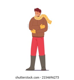 Freezing Male Character Wear Warm Winter Clothes, Scarf and Mittens Suffering of Low Minus Degrees Temperature, Illness Fever or Cold Weather Season, Freeze at Home. Cartoon Vector Illustration