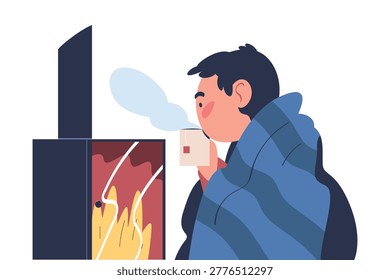 Freezing Man Character Drink Hot Tea at Fireplace Wearing Warm Clothes Vector Illustration
