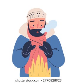 Freezing Man Character Wearing Warm Clothes Trembling Feeling Cold Vector Illustration