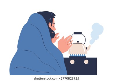 Freezing Man Character Wearing Warm Blanket Trembling Feeling Cold Vector Illustration