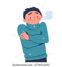 Freezing Man Character Wearing Warm Clothes Trembling Feeling Cold Vector Illustration