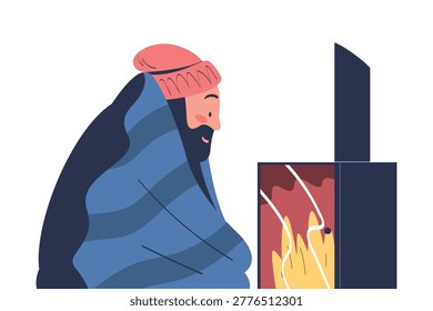 Freezing Man Character Wearing Warm Clothes Sit at Fireplace Trembling Feeling Cold Vector Illustration