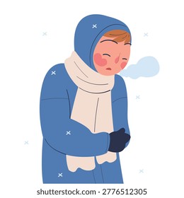 Freezing Man Character Wearing Warm Clothes Trembling Feeling Cold Vector Illustration
