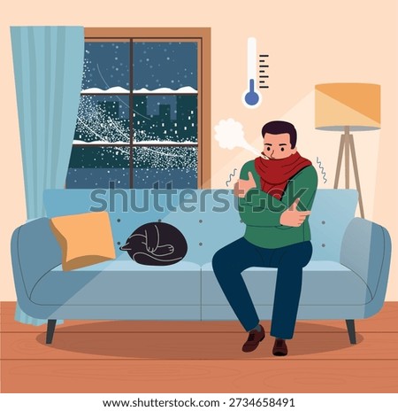 Freezing Man Sitting on Sofa at Home in Winter, Cold Weather Indoors, Energy Crisis Concept. Flat style cartoon vector illustration. 