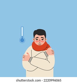 Freezing man with thermometer on blue background. Semi-flat vector illustration.