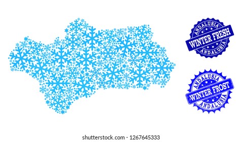 Freezing map of Andalusia Province and rubber stamp seals in blue colors with Winter Fresh and Winter Frost texts. Mosaic map of Andalusia Province is created with ice elements.