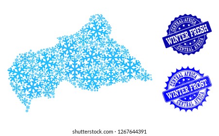 Freezing map of Central African Republic and distress stamp seals in blue colors with Winter Fresh and Winter Frost captions. Mosaic map of Central African Republic is composed with ice elements.