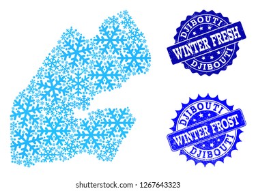 Freezing map of Djibouti and rubber stamp seals in blue colors with Winter Fresh and Winter Frost texts. Mosaic map of Djibouti is created with ice elements.