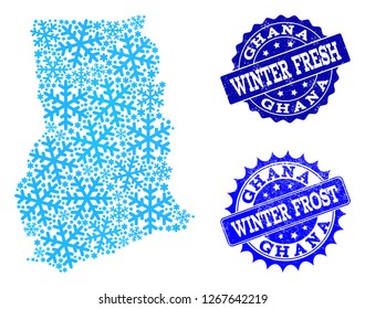 Freezing map of Ghana and rubber stamp seals in blue colors with Winter Fresh and Winter Frost texts. Mosaic map of Ghana is formed with ice elements.
