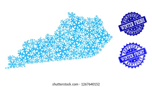 Freezing map of Kentucky State and rubber stamp seals in blue colors with Winter Fresh and Winter Frost titles. Mosaic map of Kentucky State is designed with ice elements.