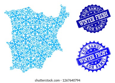 Freezing map of Koh Samui and scratched stamp seals in blue colors with Winter Fresh and Winter Frost texts. Mosaic map of Koh Samui is designed with ice elements.