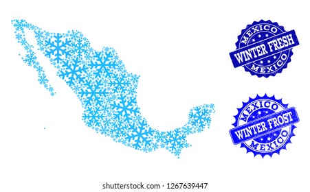 Freezing map of Mexico and scratched stamp seals in blue colors with Winter Fresh and Winter Frost texts. Mosaic map of Mexico is composed with ice elements.