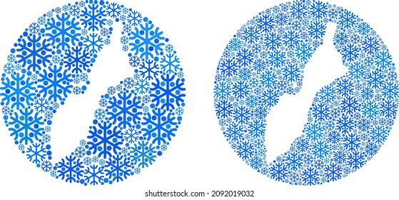 Freezing Masirah Island map mosaic is designed with circle and subtracted shape. Vector Masirah Island map mosaic of ice particles in various sizes and blue color hues. Created for New Year concepts.